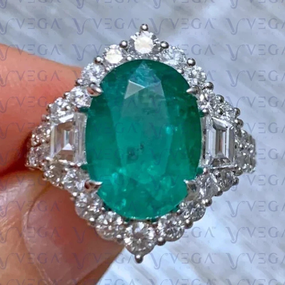 Oval Cut 6.43 Ct Natural Emerald & Diamond Wedding Ring Solid 18K White Gold - Image 2 of 4
