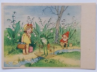 Postcard Fritz Baumgarten girl dwarf frog grasshopper Cellaro 1948