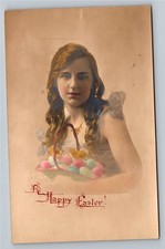 Vintage Hand-Tinted Easter Postcard Young Woman with Basket of Eggs