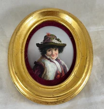 Antique 3.25" KPM Hand Painted Porcelain Oval Plaque, Portrait Man Wearing Hat