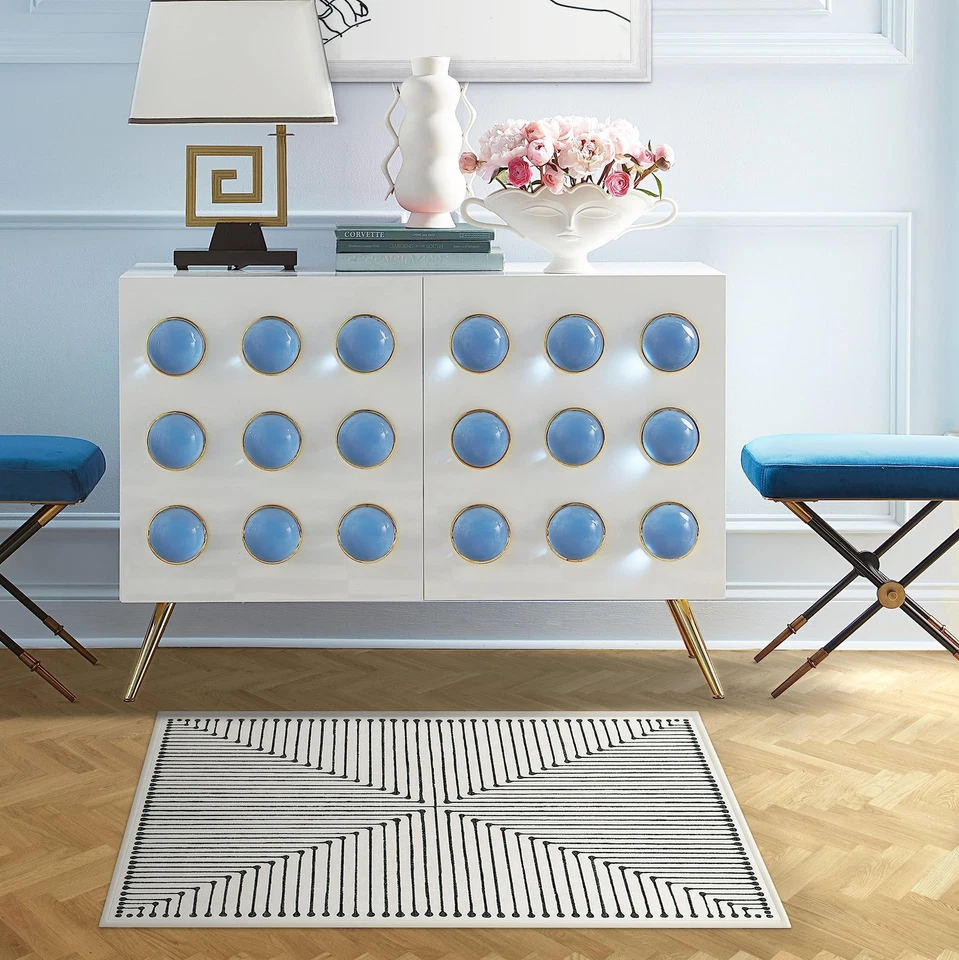 Alfombra moderna lavable a máquina Jonathan Adler - gota de tinta negra y marfil 2x3... Foto 2 de 4