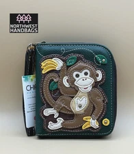 MONKEY WITH BANANAS ZIP AROUND WALLET WRISTLET DARK GREEN CHALA