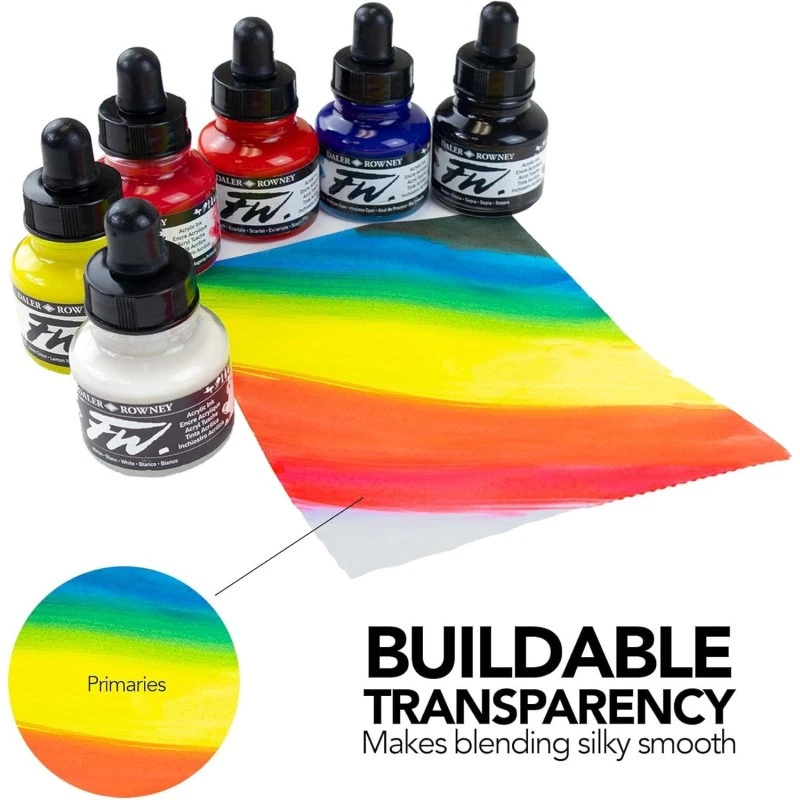 Encres acrylique - 6 flacons 29,5ml + 1 marqueur - Couleurs primaires -  Daler R - Photo 3/3