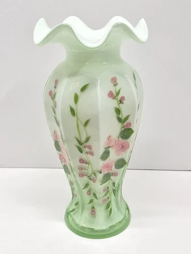 Fenton Hand Painted Satin Glass Vase Green Pink Roses Ruffled Edge Vintage 10"