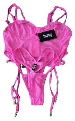 Size Large Forplay Strappy Sheer Bralette with Garters & Matching Strappy Thong
