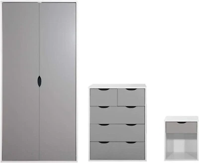 Y1 FURNITURE Bedroom Furniture Set Chest of Drawers Wardrobe Bedside Unit 3 Piece White/Grey