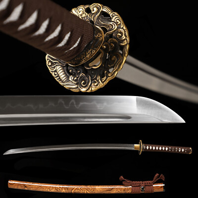 US SHIP Katana Sword Real Hamon Clay Tempered T10 Steel Razor Sharp Brass Tsuba