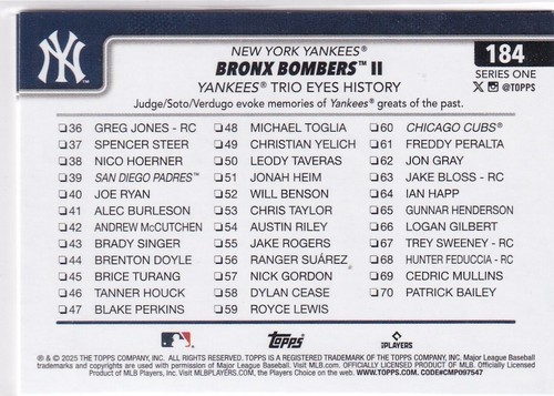 2025 Topps MLB Baseball Series 1 No. 184 Bronx Bombers New York Aaron Judge - Bild 2 von 2