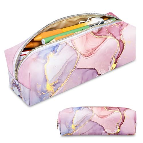 Small Pencil Pouch Pen Case，PU Leather Aesthetic Pattern Adults and Pink Marble