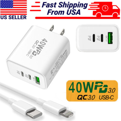 For iPhone 17 16 15 14 13 12 Pro Max 40W USB-C PD Fast Wall Charger & PD Cable