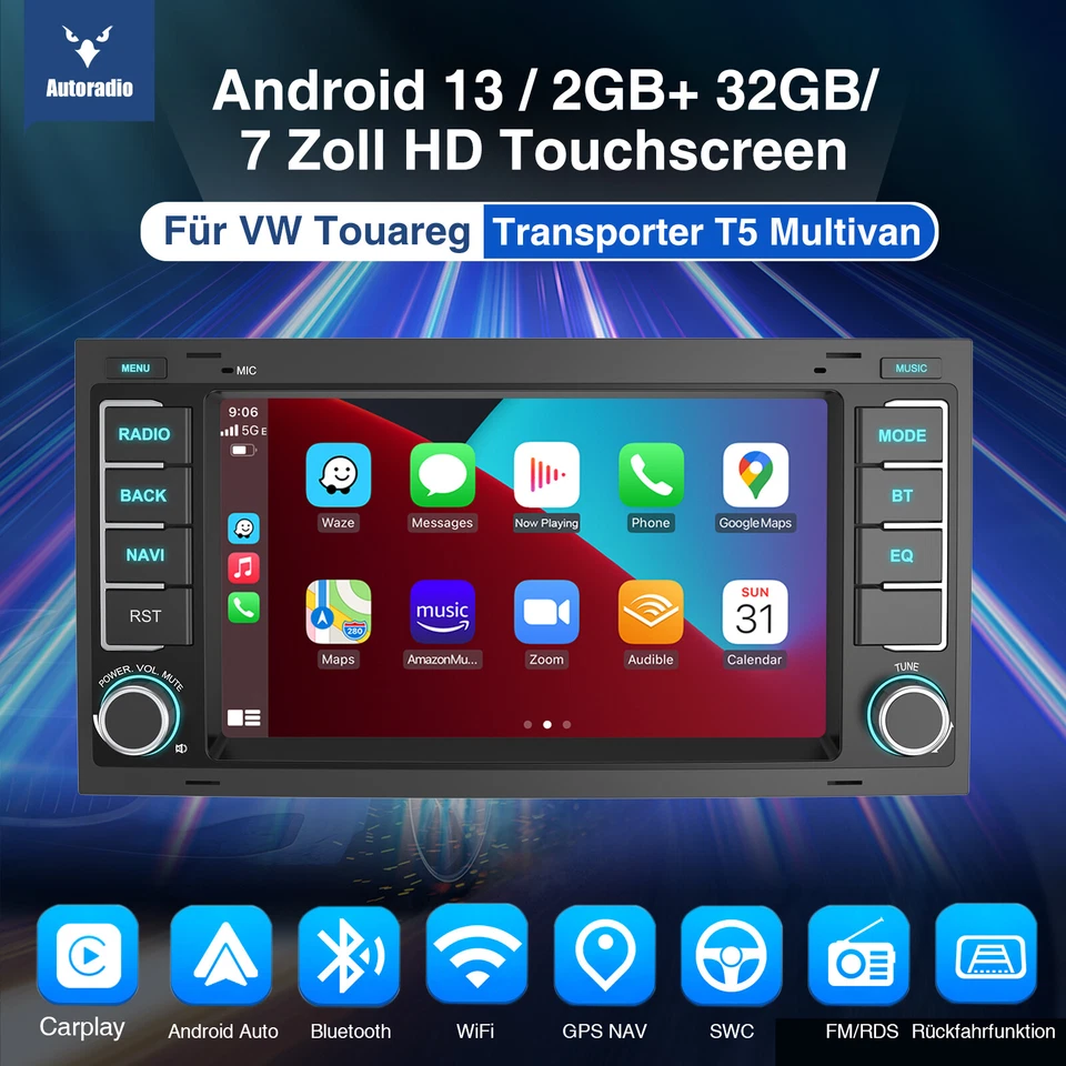2+32G Android 13 CarPlay Autoradio DAB+ GPS Nav + KAM Für VW T5 Multivan Touareg - Bild 2 von 4