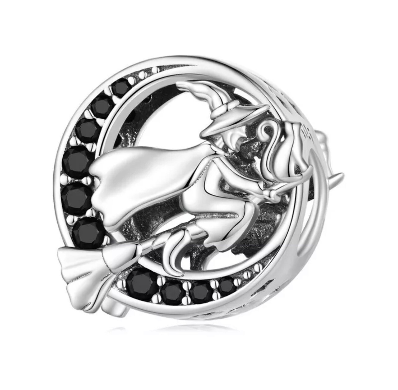 Witch On Broom Charm Bead Flying Halloween Cat Genuine 925 Sterling Silver Gift