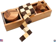 3-in-One Puzzle Set - 3D Brain Teasers & Interlocking Games for Adults, Small