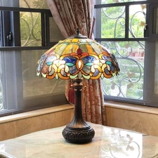 Tiffany Style 2 Light Table Lamp Antique Dark Bronze Stained Glass Shade Art Lit