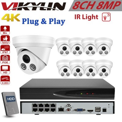 Vikylin 8CH NVR Security Camera System 4K 8MP IR Turret IP Camera with Mic Lot