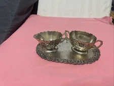 VINTAGE SILVER PLATED CREAM & SUGAR SET AND TRAY VICTORIAN BAROQUE SILVER PLATED