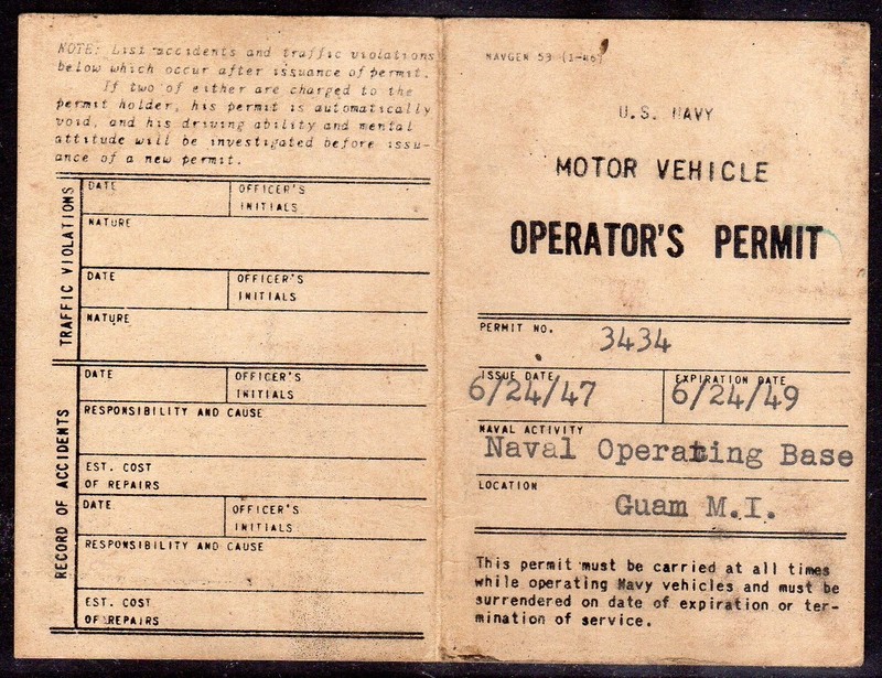 Guam 1947 Mariana Islands "US Navy Motor Vehicle Permit" booklet