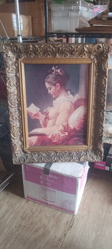 Framed Portrait Art Print of Woman Reading with Ornate Gold Frame, Medium Size