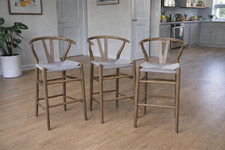 3 x Wishbone Bar Stools 66cm Weathered Grey Elm Frame Grey Seat