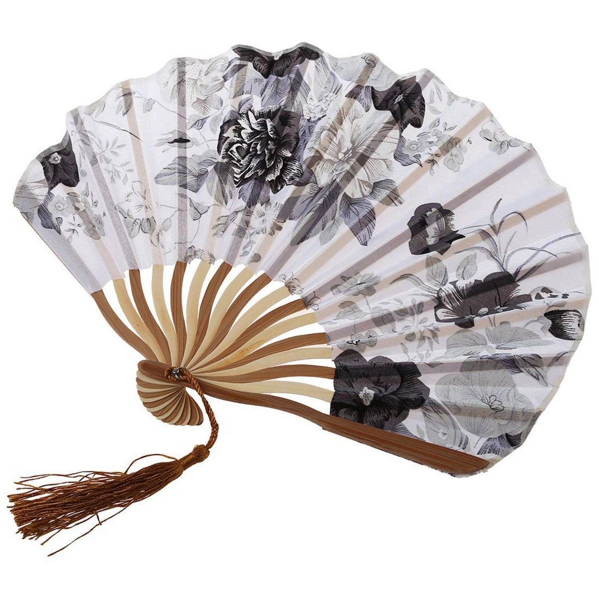 2 Pcs Chinese Gray Peony Blossom Fabric Bamboo Folding Dancing Hand Fan3453