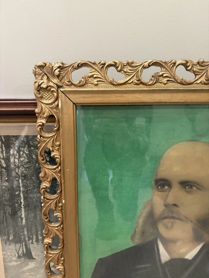 Antiguo retrato victoriano pintura hombre con chuletas de cordero ornamentado marco dorado 21x25 Foto 4 de 4