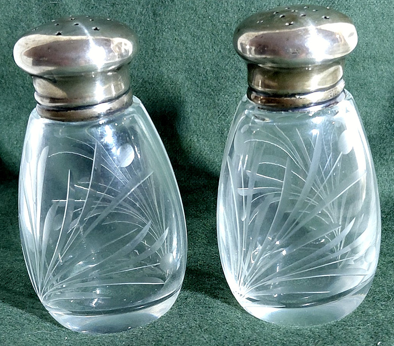 Vintage Etched Floral Glass Salt & Pepper Shakers with Sterling Tops