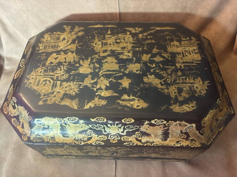 Antique Black Gold Wood Sewing Box with Accessories Pre-1930