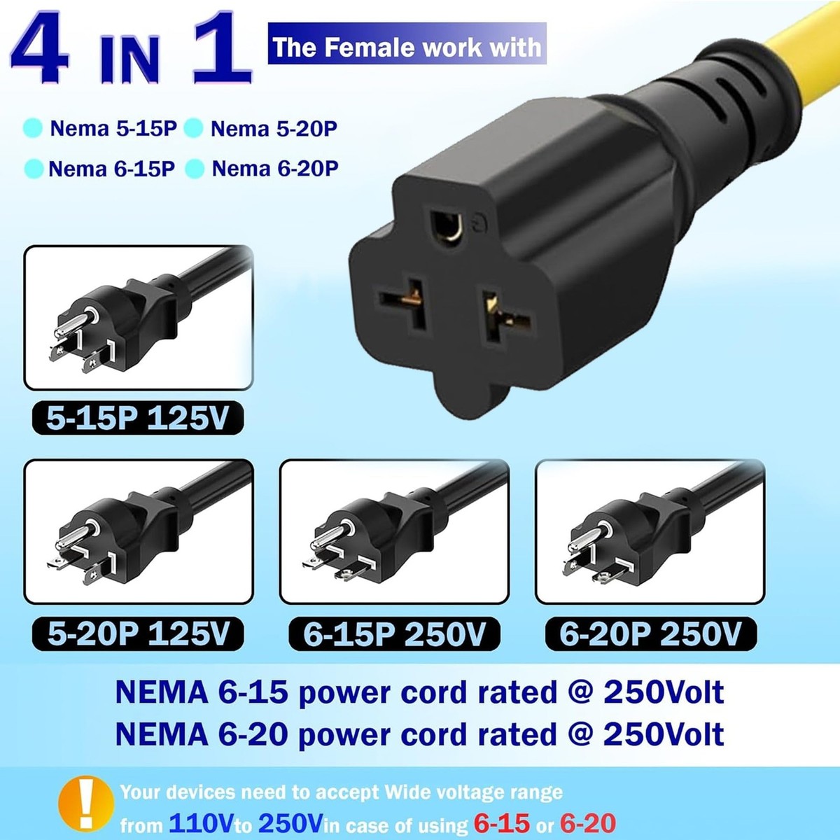1-Foot NEMA 5-15P To 4-in-1 Female Adapter Cable – 12AWG Heavy Duty EV Charging Cord, 15A Household Plug To 6-20R T-Blade