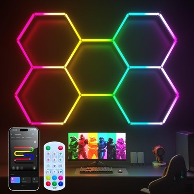 RGB Hexagon Garage Lights, Music Sync Hexagon Lights for Gaming Room, App & R...