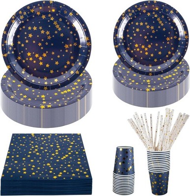 125 Stck. Marineblau & Gold Sterne Partygeschirr Set - 9'' & 7'' Folie Pappteller,