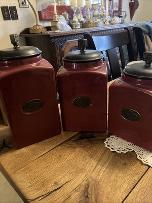 PIER 1 LARGE Rustic Brick Red 3 Piece Ceramic Canister Set W/ Vacuum Seal
