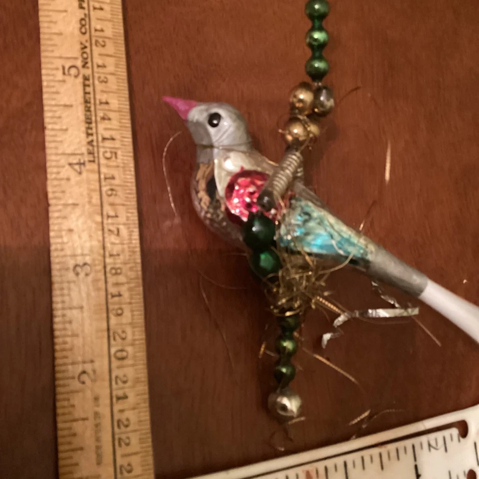 ANTIQUE Mother Bird & Tinsel Nesting Swing Mercury glass spiral beads See Video - Image 2 of 4