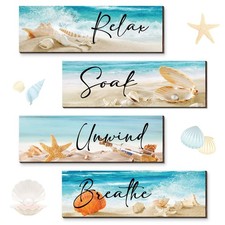 4 Pcs Beach Wood Wall Art Decors Ocean Relax Soak Unwind Signs