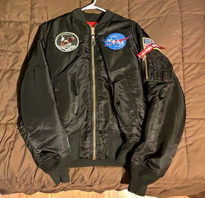 Alpha Industries MA-1 Apollo NASA Patch Black Bomber Jacket Full Zip Pockets M