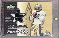 RICKY WILLIAMS 2001 Score Select Franchise Tags LOGO PATCH AUTO #d /50 GAME WORN