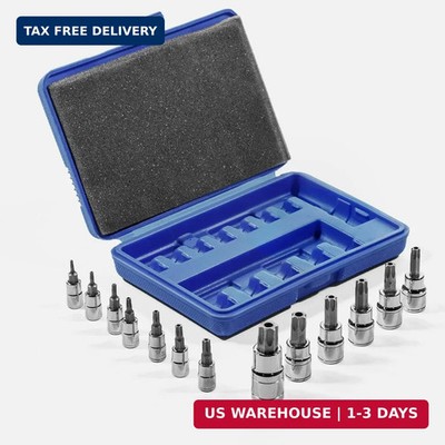 13Pc Security Torx Bit Socket Set T8 T60 1/4 3/8 1/2 Drive with Case