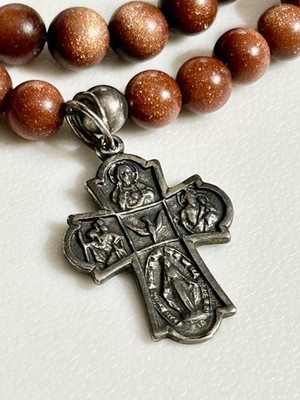 Vintage Sterling Silver Catholic 4 Way Cross Medal Goldstone Beads Necklace 925