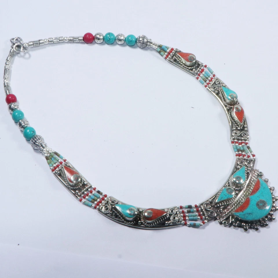 Colar antigo feminino tibetano nepalês persa boho verde turquesa joia - Imagem 2 de 4