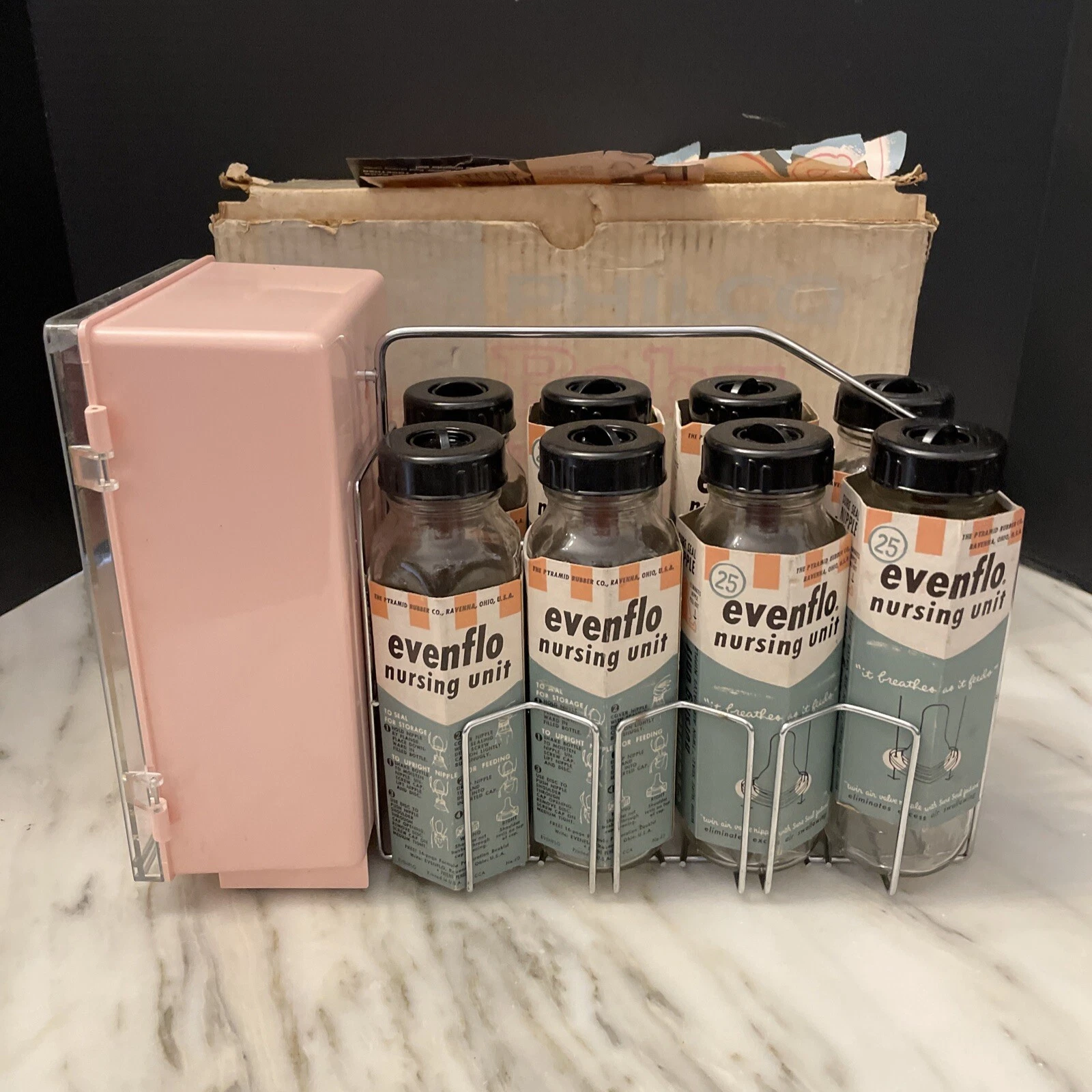 Rare Vintage Philco Baby Care Bar With 8 Evenflo 8 Oz. Bottles With Box
