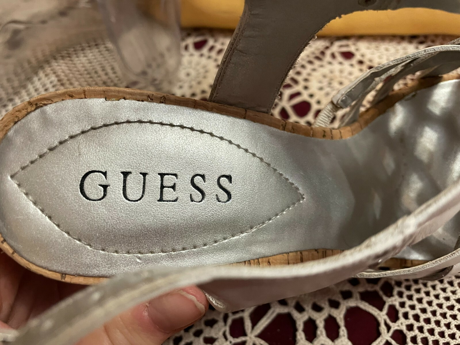 Women's GUESS Strappy Cork Wedge Sandals Shoes White … Gem