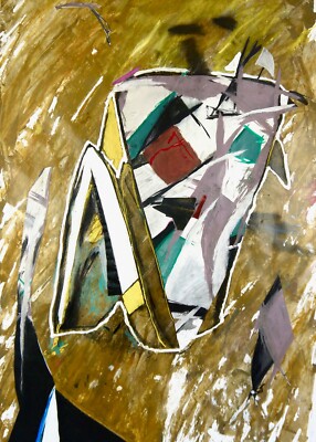 ANGLES Black Yellow White Blue Abstract Figure Person Collage Painting