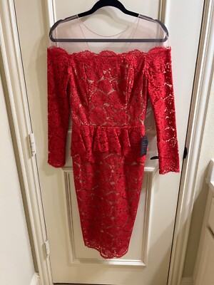 NEW Nha Khanh Red Peony Peplum Lace Long Sleeve Dress Off Shoulder Tulle S  Small | eBay