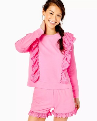 Lilly Pulitzer Deva Ruffle Sweatshirt Eyelet Embroidered Ruffe Pullover Top M
