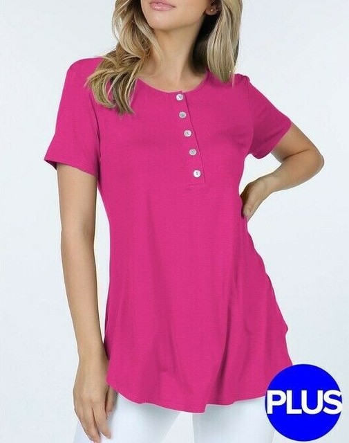 Plus Size Hot Pink Loose Fit Henley Short Sleeve Rounded Hem Blouse Top