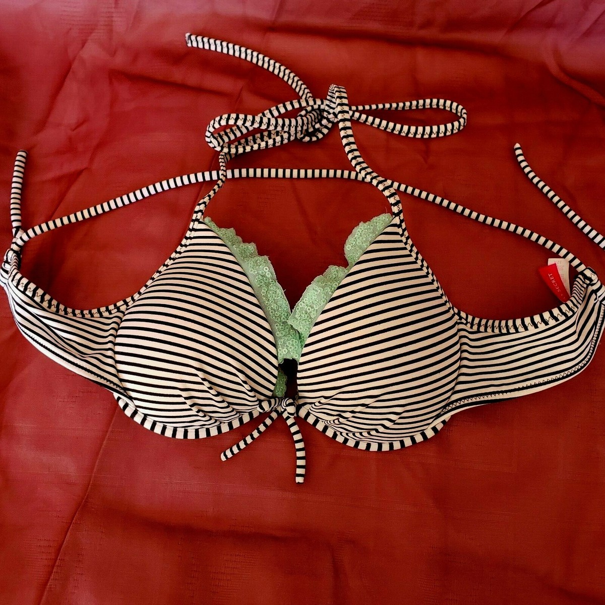 Victoria Secret Black/White Striped with Green beaded lace Swim