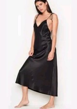Victoria's Secret Black Satin V-Neck Tie Strap Midi Slip Dress Medium