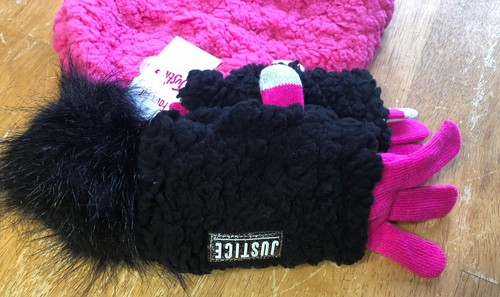 Justice Girls Bright Pink & Black Faux Fur Pom Pom Beanie Hat/Tech Gloves Set - Picture 3 of 5