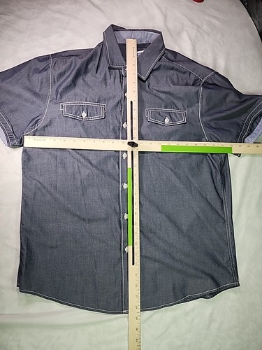 Michael Brandon Mens Button Down Shirt Blue Chambray Short Sleeve Pockets Size L - Picture 7 of 10