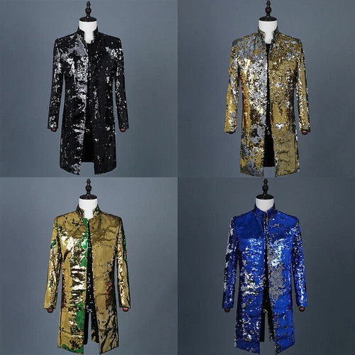 Men Reversible Two Tone Sequin Longline Jacket Suit Blazer Cabaret Carnival Tops - Picture 3 of 21