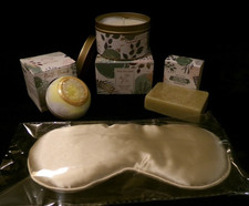 NWOT 4 PC MAYICIVO "SPA TIME" SET - EYE MASK, SCENTED CANDLE, BATH BOMB SOAP